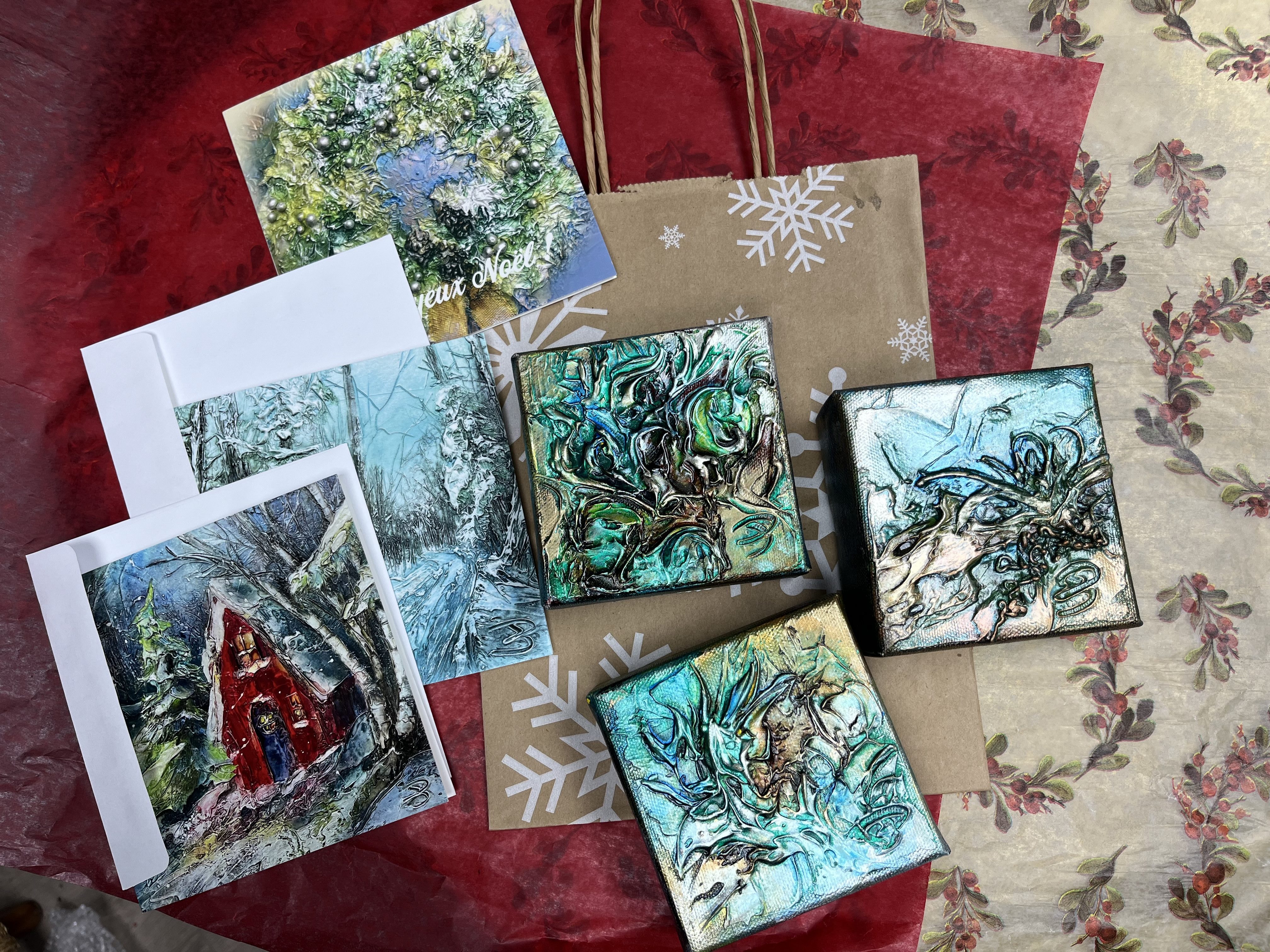 Petit format art artiste québécoise art contemporain texture Joliette, Québec bleu, carte noel,