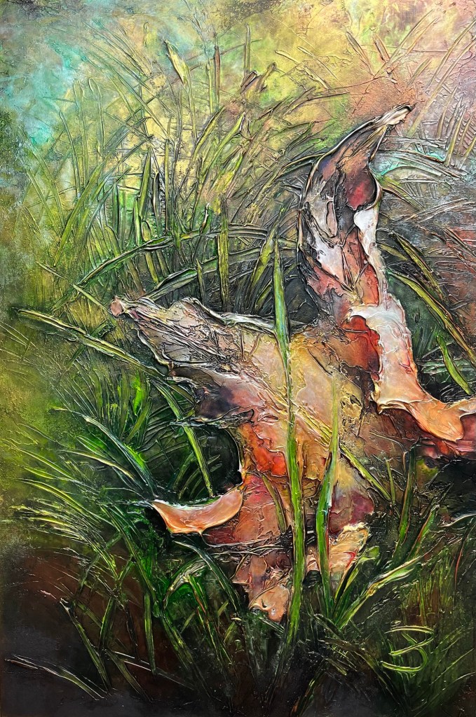 Feuille, peinture, automne, couleur or, cuivre, toile texturée, couleurs iridescente , métallique artiste québécois